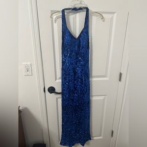 Blue Sequin Halter Dress